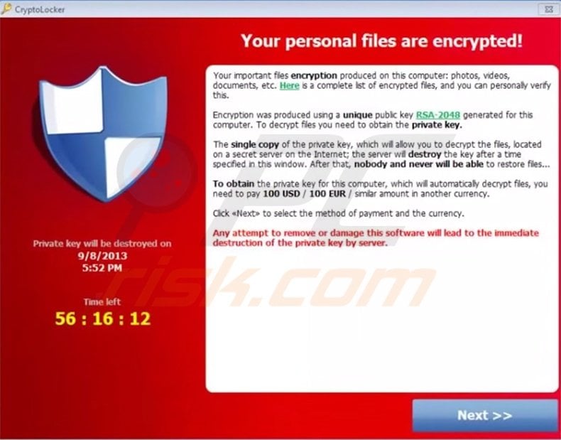 CryptoLocker ransomware warning message