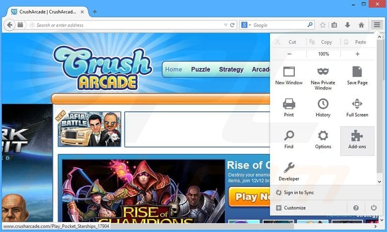 Removing CrushArcade ads from Mozilla Firefox step 1
