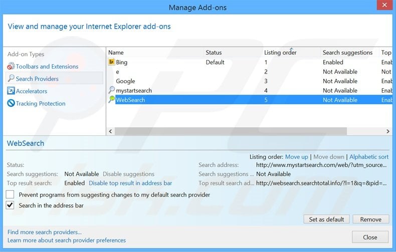 Removing mysearch123.com from Internet Explorer default search engine