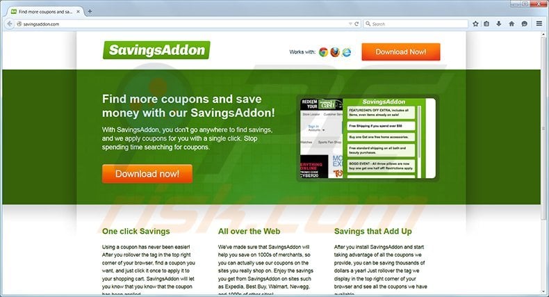 Savings Addon adware homepage