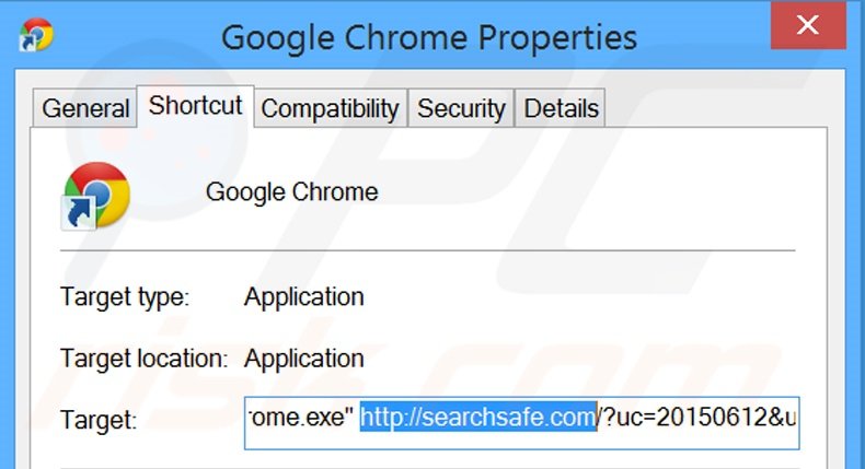Removing searchsafe.com from Google Chrome shortcut target step 2