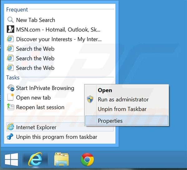 Removing searchsafe.com from Internet Explorer shortcut target step 1