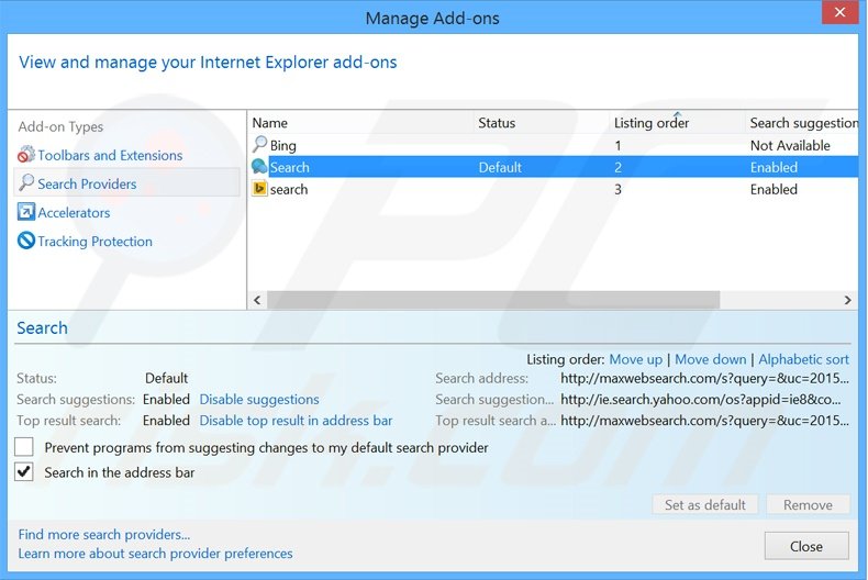 Removing searchsafe.com from Internet Explorer default search engine