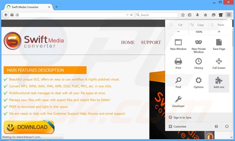 Removing Swift Media Converter ads from Mozilla Firefox step 1