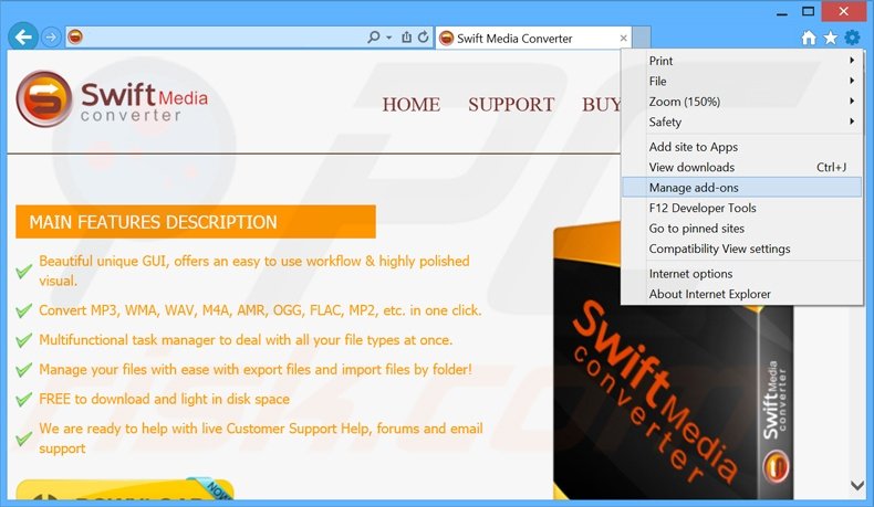 Removing Swift Media Converter ads from Internet Explorer step 1