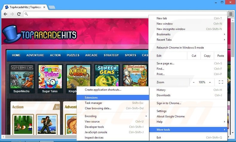 Removing TopArcadeHits  ads from Google Chrome step 1
