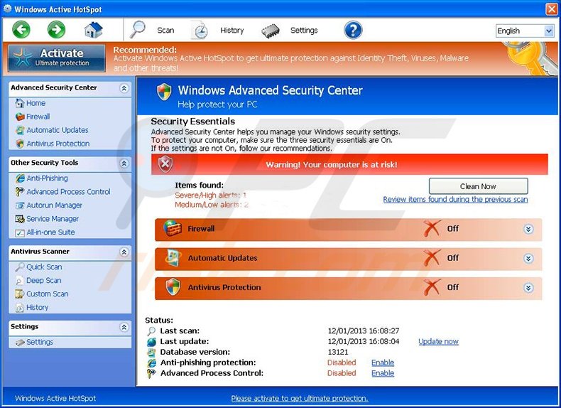 Windows Active Hotspot fake antivirus program