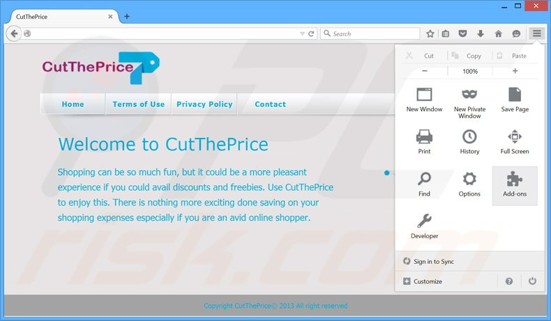 Removing CutThePrice ads from Mozilla Firefox step 1
