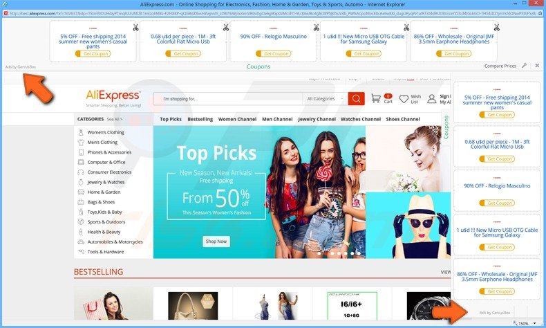 geniusbox adware generating coupon ads in online shopping websites