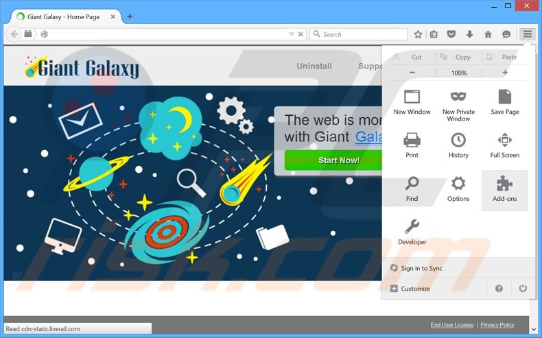Removing Giant Galaxy ads from Mozilla Firefox step 1