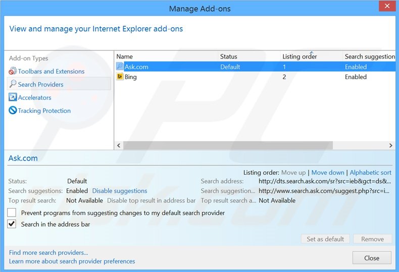 Removing search.ask.com from Internet Explorer default search engine
