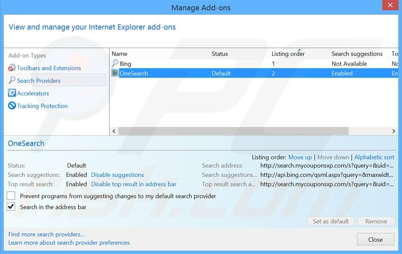 Removing search.mycouponsxp.com from Internet Explorer default search engine