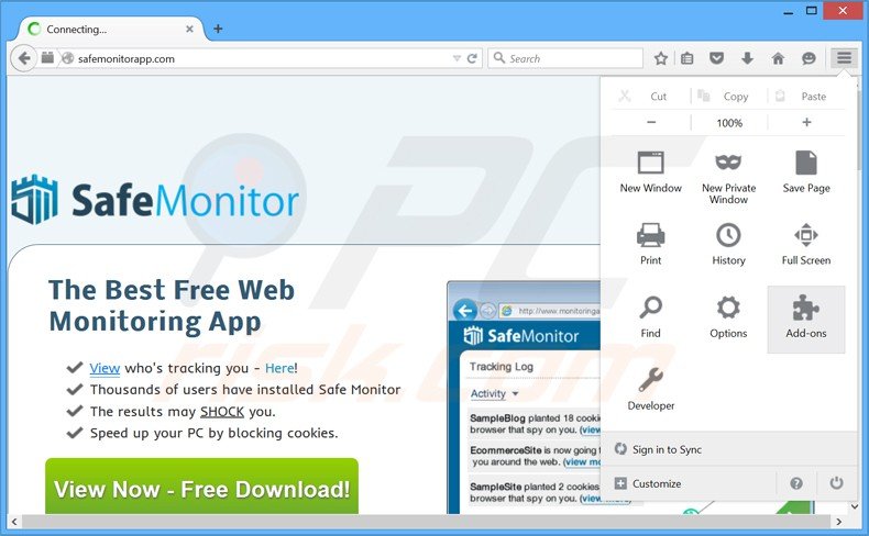 Removing safe monitor ads from Mozilla Firefox step 1