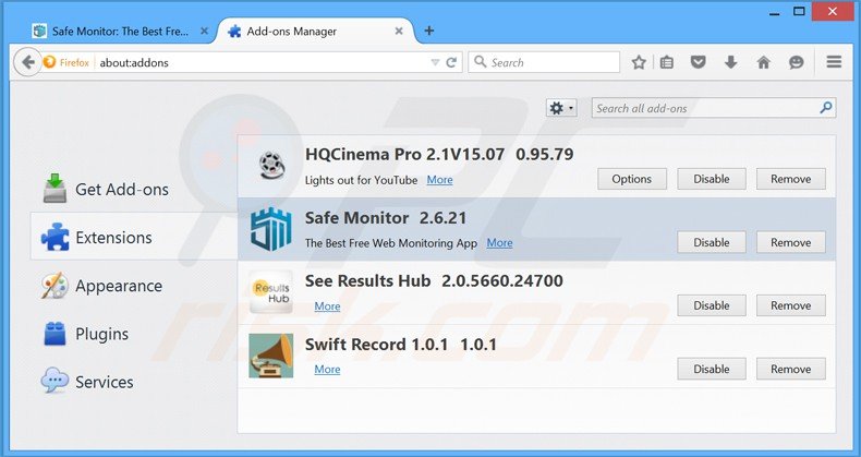 Removing safe monitor ads from Mozilla Firefox step 2