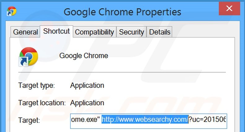 Removing websearchy.com from Google Chrome shortcut target step 2