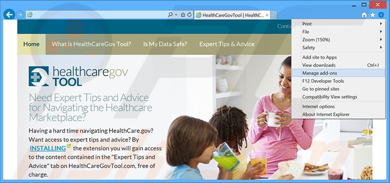 Removing Healthcare Gov Tool ads from Internet Explorer step 1