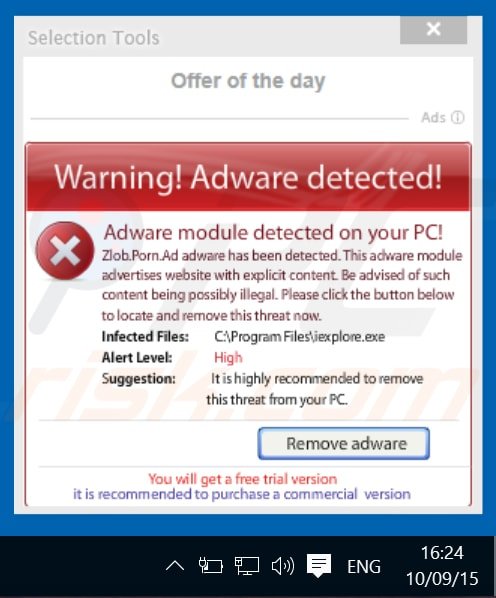 selection tools adware showing fake security warning messages