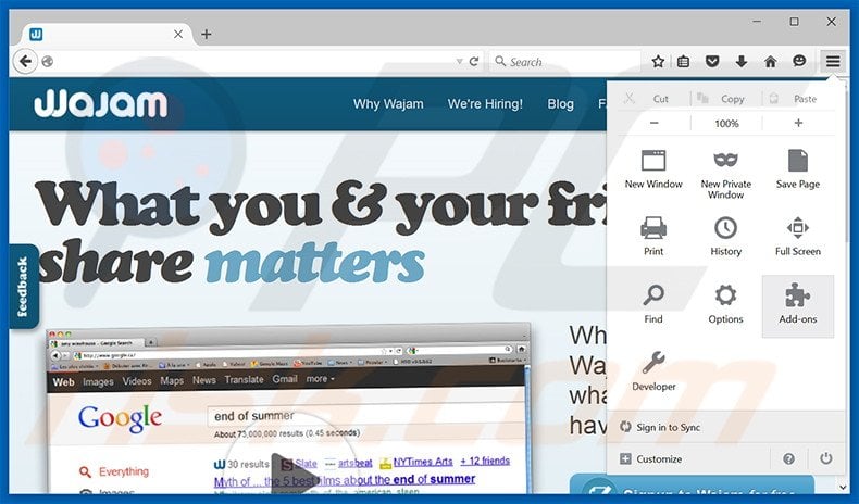 Removing Wajam ads from Mozilla Firefox step 1