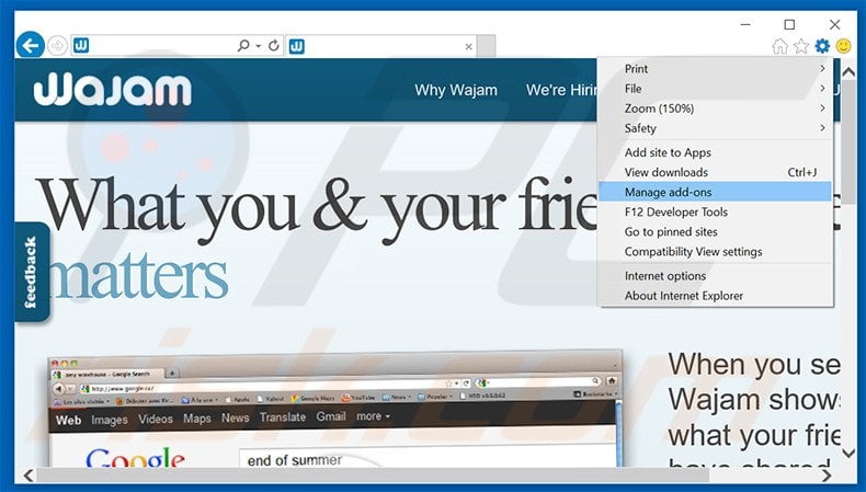 Removing Wajam ads from Internet Explorer step 1