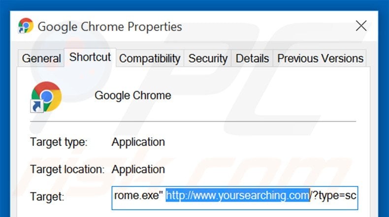 Removing do-search.com from Google Chrome shortcut target step 2
