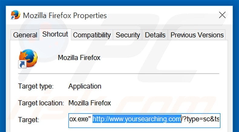 Removing do-search.com from Mozilla Firefox shortcut target step 2