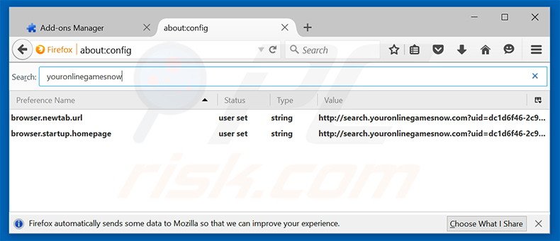 Removing search.youronlinegamesnow.com from Mozilla Firefox default search engine