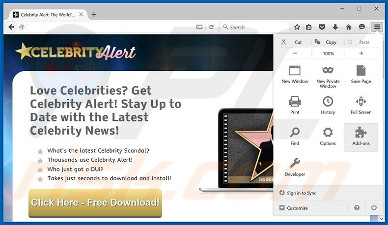 Removing Celebrity Alert ads from Mozilla Firefox step 1