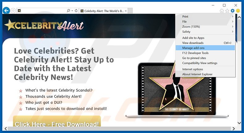 Removing Celebrity Alert ads from Internet Explorer step 1