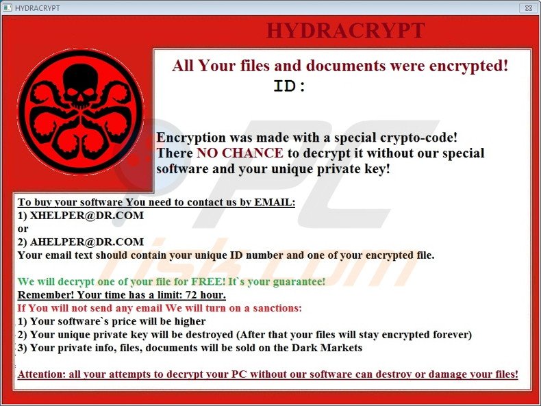 HYDRACRYPT ransomware ransom note (pop-up)