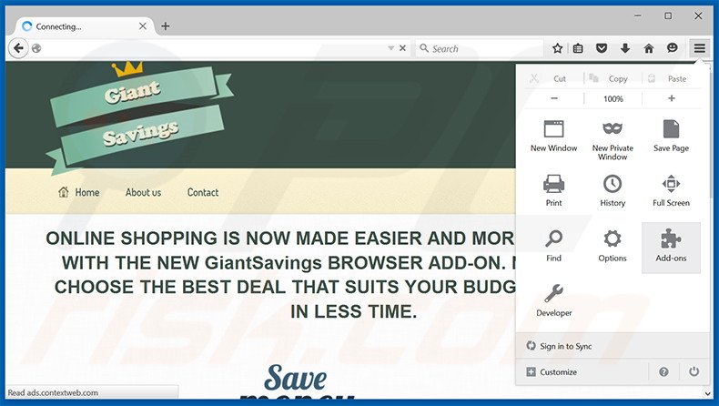 Removing Giant Savings ads from Mozilla Firefox step 1