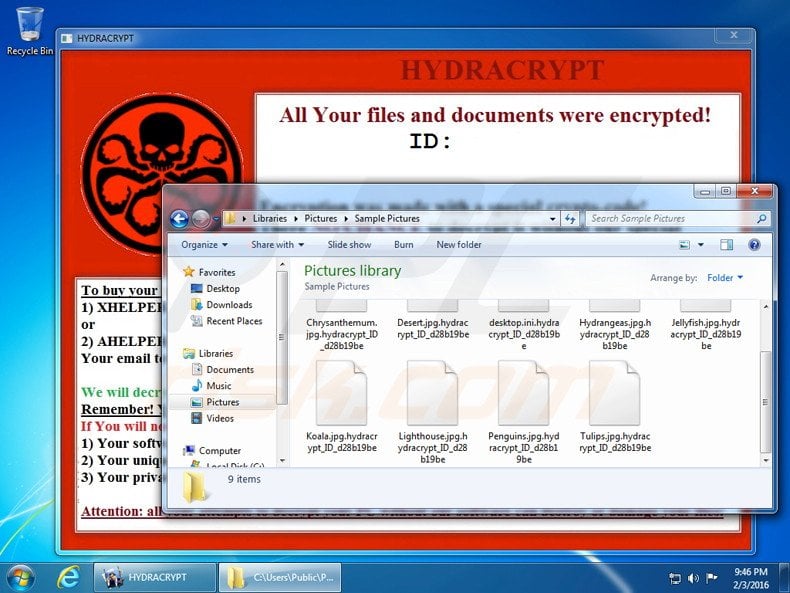 Files encrypted by HYDRACRYPT ransomware (hydracrypt_ID_[8 random characters]' extension)