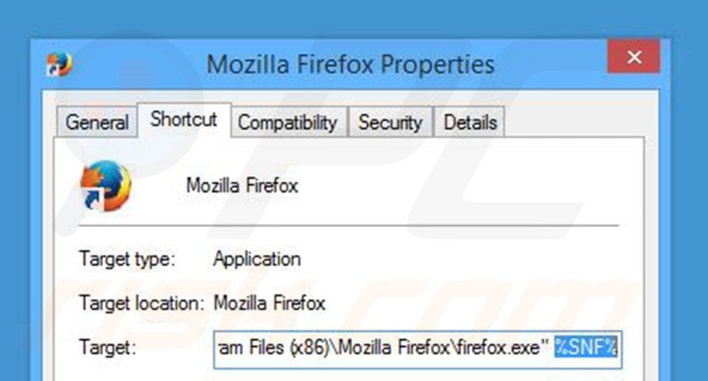 Removing search.snapdo.com from Mozilla Firefox shortcut target step 2