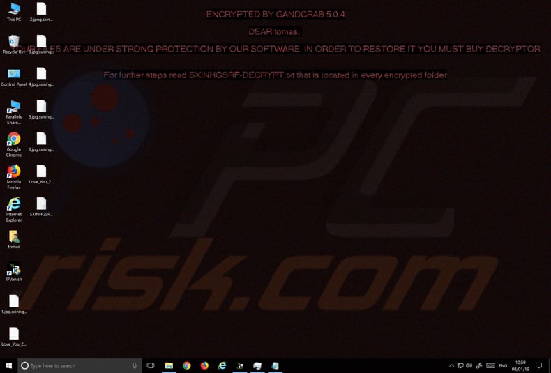 desktop of a computer infected by GandCrab 5.0.4 presented in Love Letter email virus 