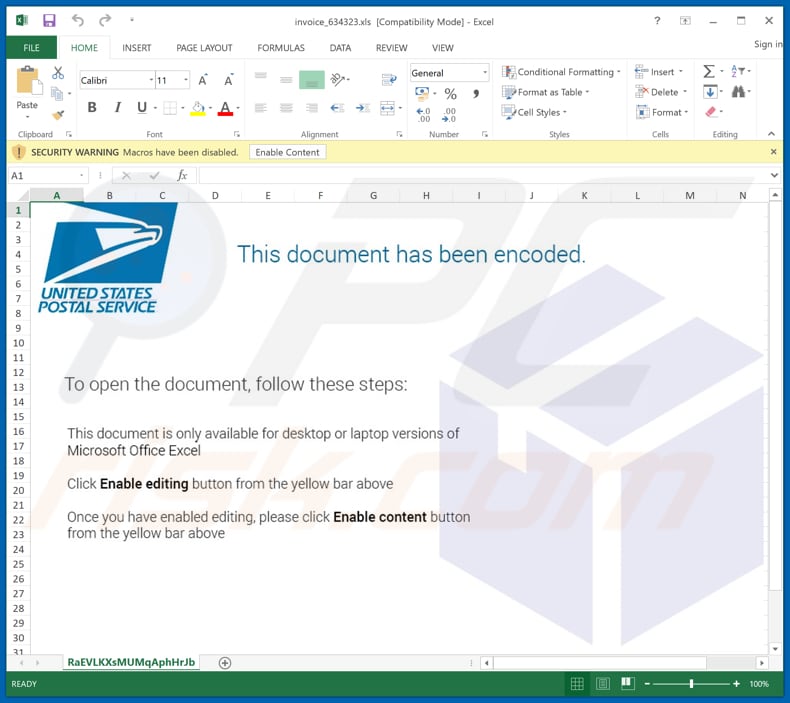 Malicious attachment distributed through USPS Email Virus spam campaign