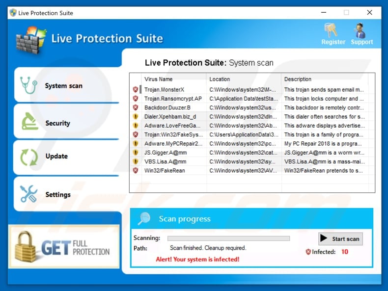 fake antivirus program called live protection suite