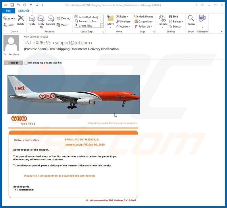 Agent Tesla RAT distributing TNT express email spam campaign