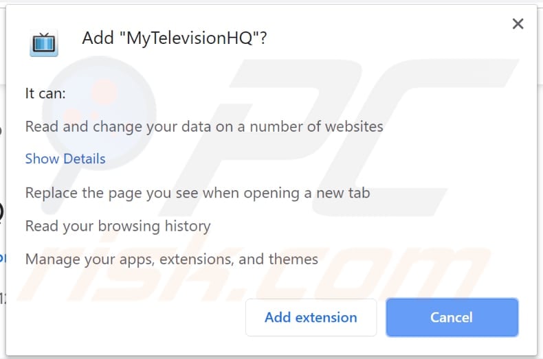 MyTelevisionHQ wants a permission to be installed on a browser