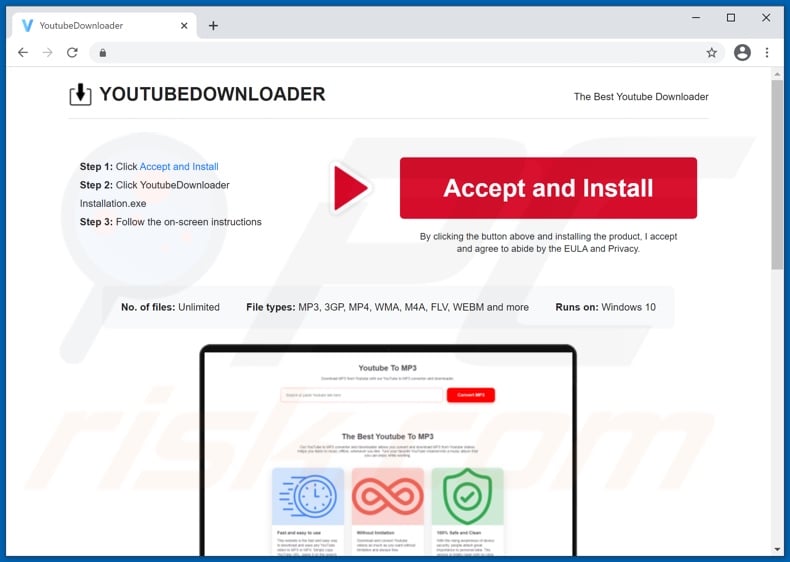 Website promoting YoutubeDownloader adware