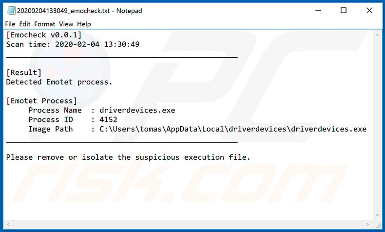 Log file created by the EmoCheck Emotet detection tool