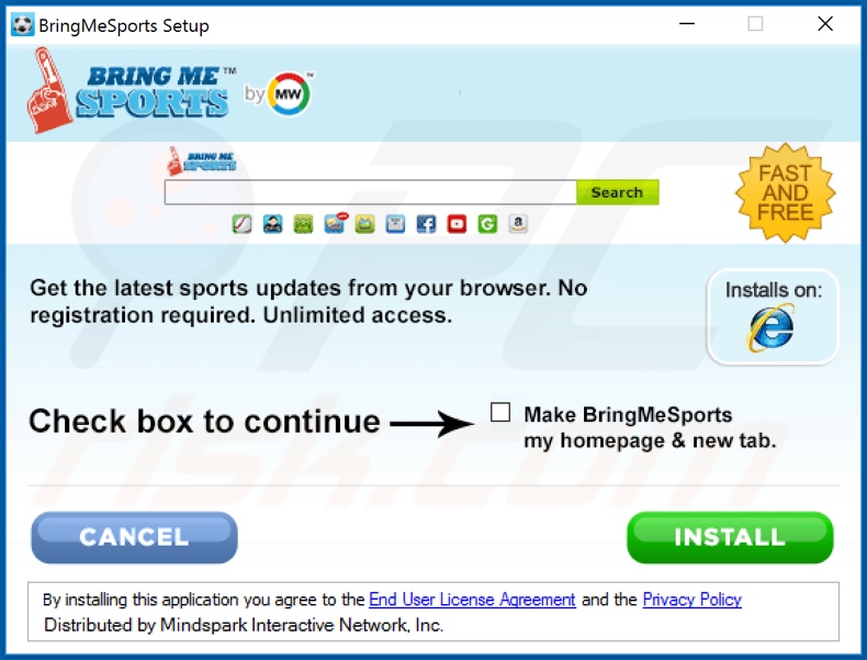 Official BringMeSports browser hijacker installation setup