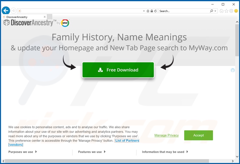 Website used to promote DiscoverAncestry browser hijacker