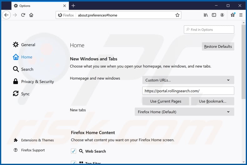 Removing rollingsearch.com from Mozilla Firefox homepage