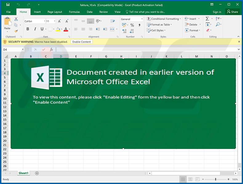 Malicious MS Excel document used to inject Ursnif trojan into the system