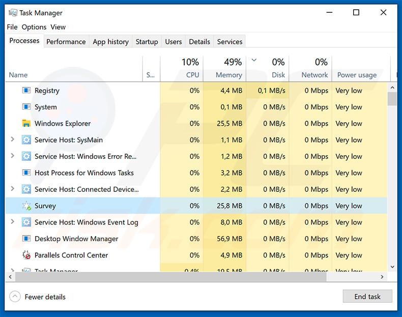 PremierOpinion Surveys adware process in Windows Task Manager