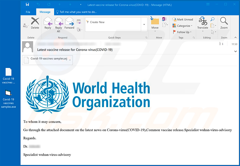 Fake World Health Organization spam email spreading FormBook trojan