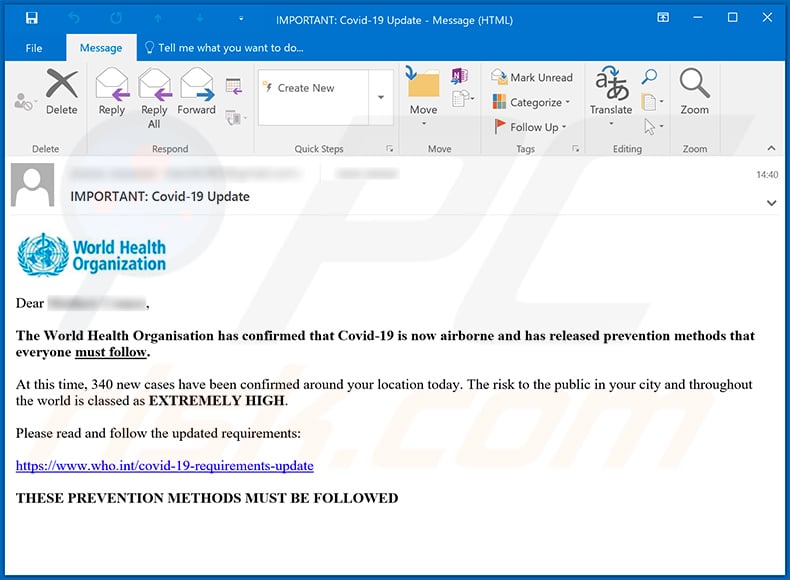 Scam email presented as a notification from WHO
