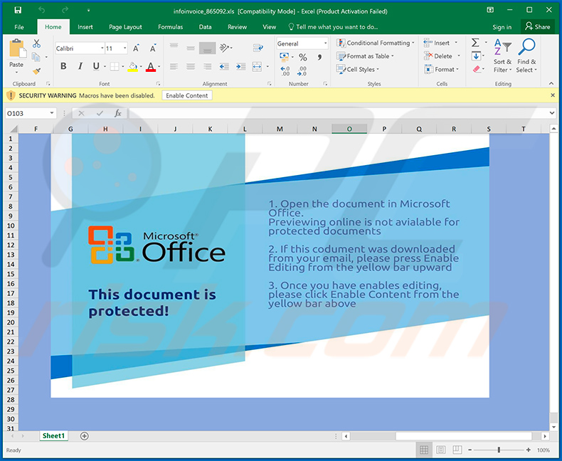 Ursnif trojan-spreading MS Excel document (infoinvoice_865092.xls)