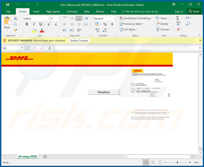 Ursnif trojan-spreading MS Excel document (DHL_Fattura_cash_991049_2_9603.xlsm)