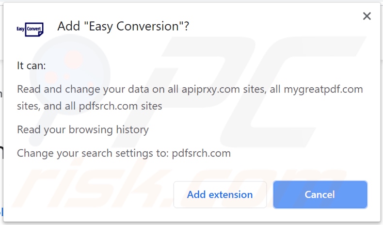 pdfsrch.com promoting browser hijacker asking for permissions