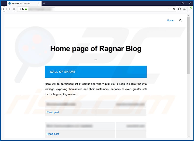 Ragnar Locker ransomware data leaking site